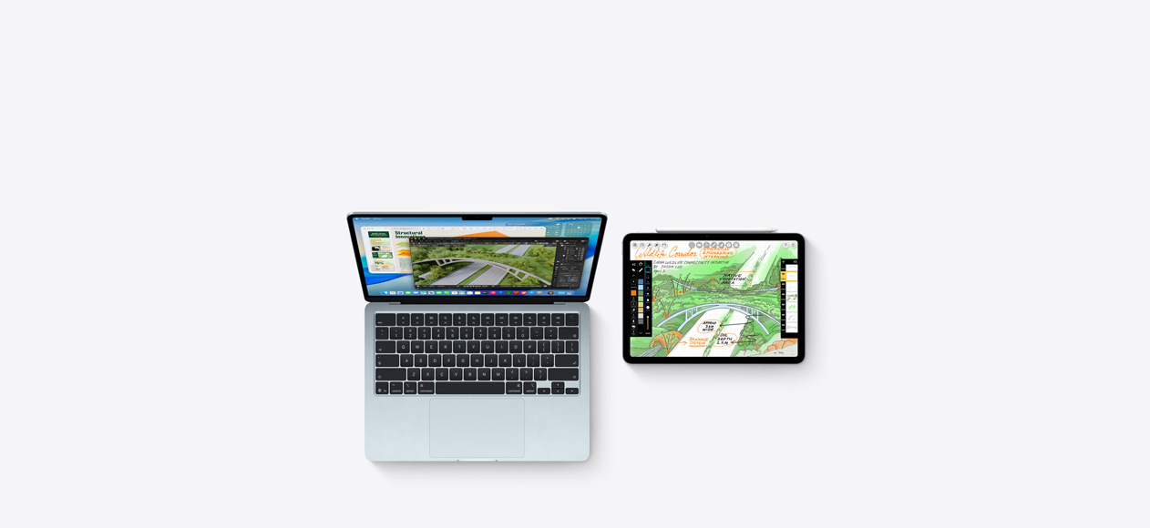 Mac und iPad, auf deren Bildschirmen in verschiedenen Apps Studieninhalte angezeigt werden