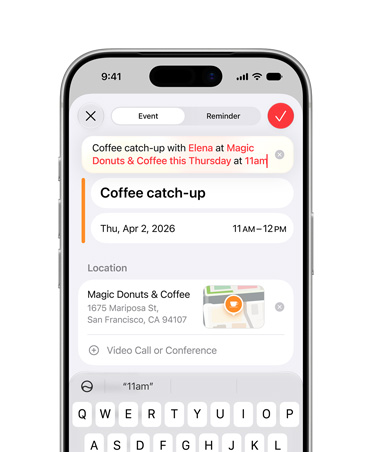 iPhone 17 Pro Silver, screen showing Siri AI adding an event to the Calendar app